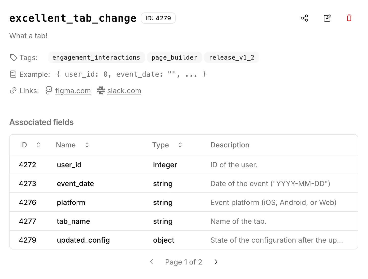 Screenshot of an event schema card in Evsy, showing its properties and metadata.